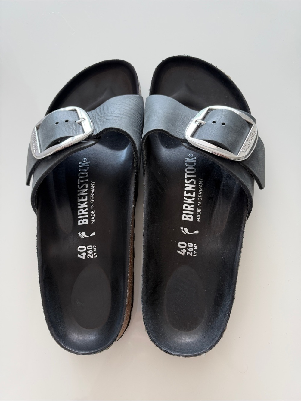 Birkenstock Black Single-Buckle Slide Sandals with Silver Buckles